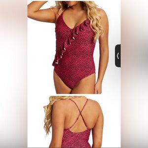 JUICY COUTURE Red Pink Leopard Animal Print Asymmetric Swimsuit Size Medium NWT